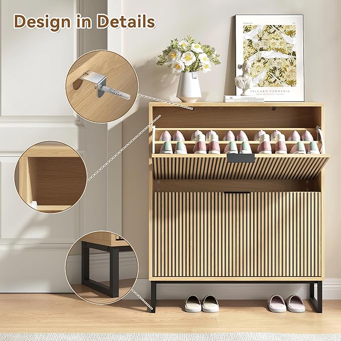 Shoe Storage Cabinet for Entryway with 2 Flip Drawers,Narrow Shoe Rack Cabinet,Hidden Slim Shoe Storage Freestanding Shoe Organizer Cabinet for Entryway, Hallway