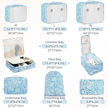 BAGAIL 8 Set Packing Cubes Luggage Packing Organizer Bags for Travel Accessories-Blue paisley