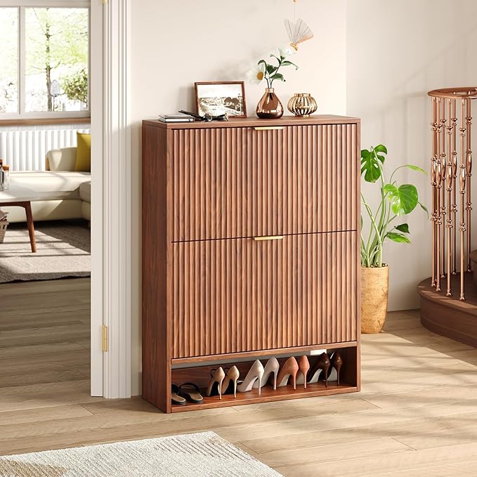 31.5''W Walnut Shoe Storage Cabinet for Entryway with 2 Flip Drawers, Narrow Wood Fluted Shoe Rack Cabinet,Freestanding Slim Shoe Organizer Cabinet for Foyer, Hallway
