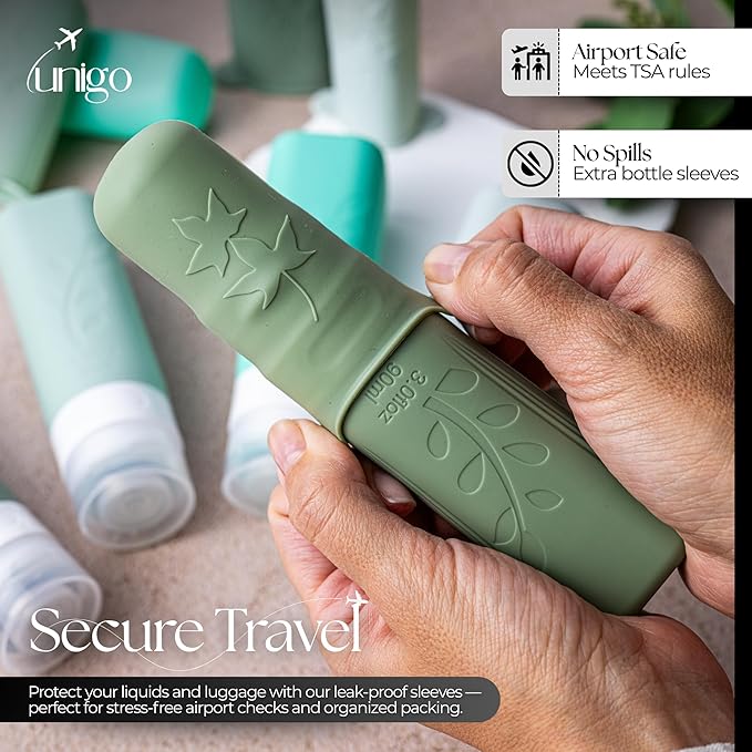 unigo Travel Bottles For Toiletries, 5-pack 3.oz TSA Aprroved Travel Size Bottles, Containers For Toiletries, BPA Free, Leak Prrof, Refillable Containers Bottles (Green)