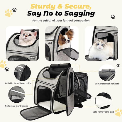 Zavothy Expandable Pet Backpack Carrier for Small Cats & Dogs, Airline Approved Travel Bag with Mesh Windows, Expandable Space, Padded Bottom, Foldable Design Grey