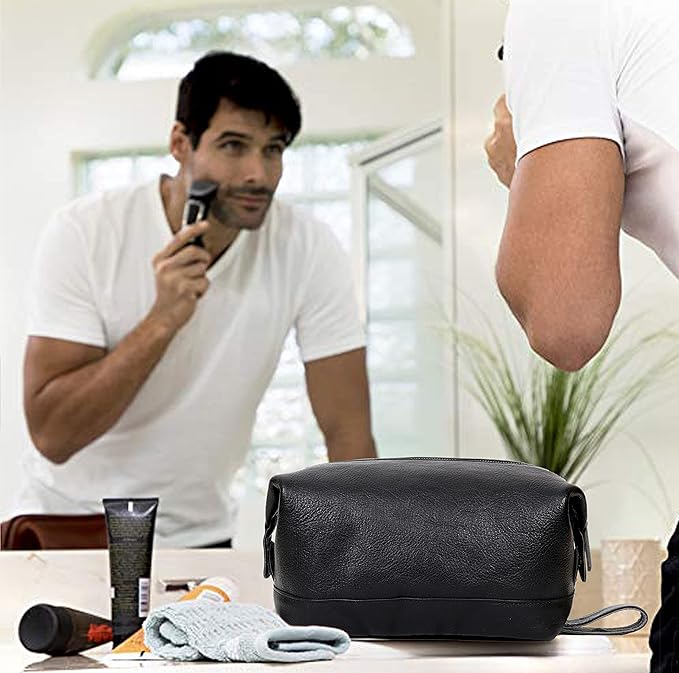 cuero Leather Brown Dopp Kit Unisex Travel Toiletry Cosmetic Pouch Shaving Kit Men Women (black)