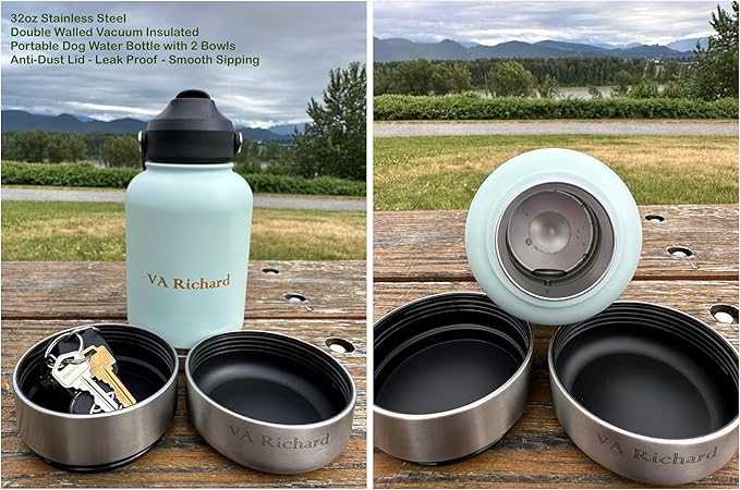 32oz Stainless Steel Dog Water Bottle, 3 in 1 Double-Walled Insulated, with 2 Bowls & 2 Different Leak-Proof Lids, Portable Travel Water Bottle for Pet & Humans, BPA-Free, Ideal for Walking & Outdoor