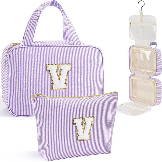 YOOLIFE Travel Toiletry Bag for Women - Hanging Toiletry Bag Makeup Bag, Portable Toiletries Cosmetic Bag, Airplane Travel Essentials - Letter V, Purple