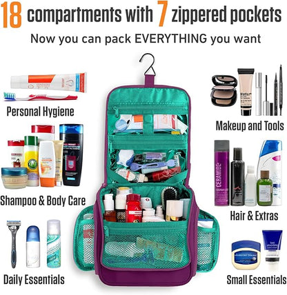 VENTURE 4TH Hanging Travel Toiletry Bag for Women & Men – Large Toiletry Organizer with 18 Compartments, Removable TSA Pouch, Travel Wash Bag for Toiletries, Makeup & Shaving Kit (Purple/Mint)