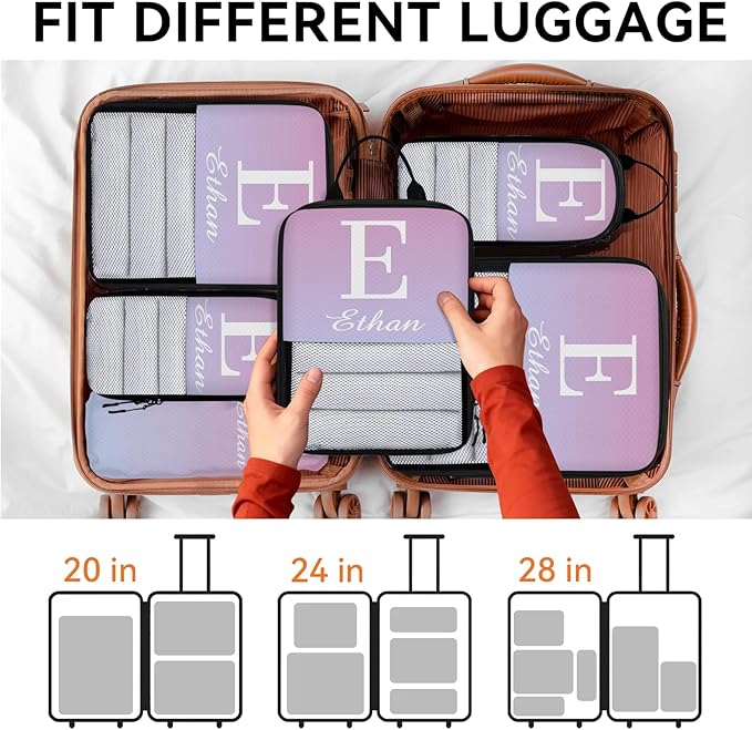 Custom 6 Set Compression Packing Cubes with Name Initial Personalized Compressible Expandable Packing Organizers Luggage Carry On Suitcase Bags Travel Accessories Gifts, Blue Pink