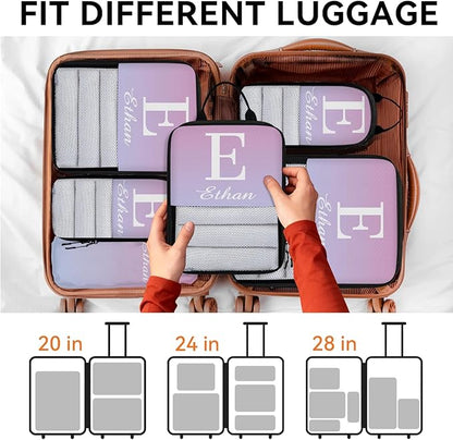Custom 6 Set Compression Packing Cubes with Name Initial Personalized Compressible Expandable Packing Organizers Luggage Carry On Suitcase Bags Travel Accessories Gifts, Blue Pink