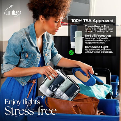 unigo 30pack Full Set TSA Approved Travel Bottles, Travel Size Containers for Toiletries, Refillable Leakproof Travel Shampoo and Conditioner Bottles,Toiletry Containers, Extra Sleeves (White,Black)