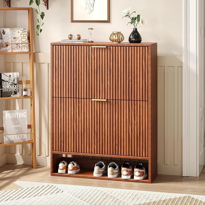 31.5''W Walnut Shoe Storage Cabinet for Entryway with 2 Flip Drawers, Narrow Wood Fluted Shoe Rack Cabinet,Freestanding Slim Shoe Organizer Cabinet for Foyer, Hallway