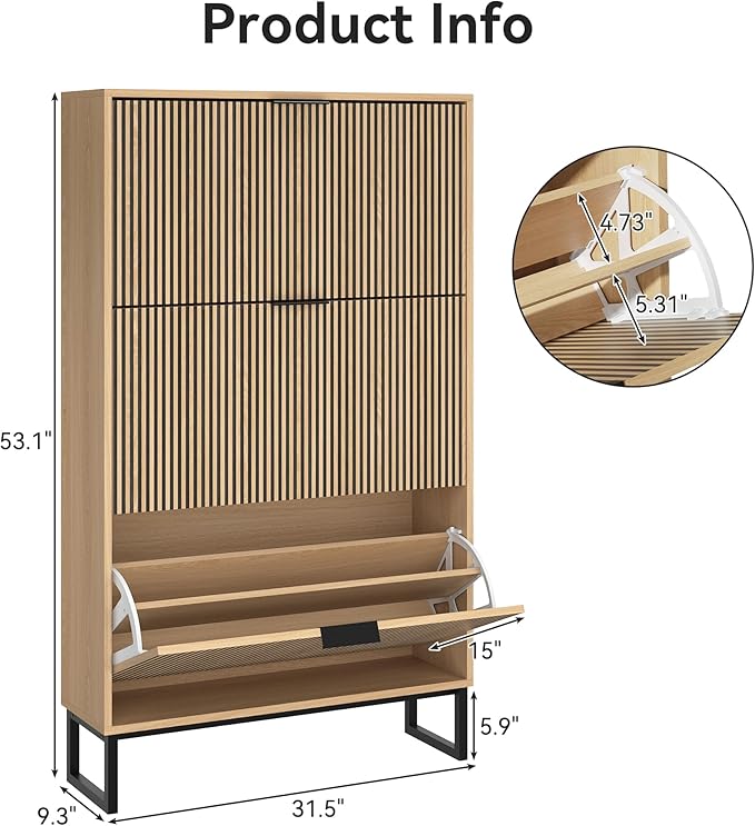 Shoe Cabinet with 3 Flip Drawers, Narrow Wood Shoe Cabinet Storage for Entryway, Freestanding Hidden Shoe Organizer Rack Cabinet for Hallway