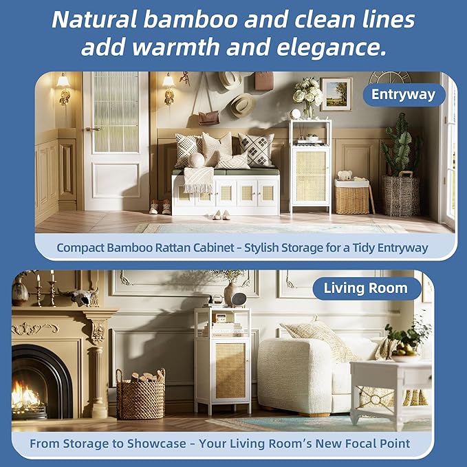 HITNET Bamboo Cabinet, Bathroom Storage Cabinet with Rattan Doors, Narrow Side Storage Organizer Freestanding Floor Cupboard for Small Space, White