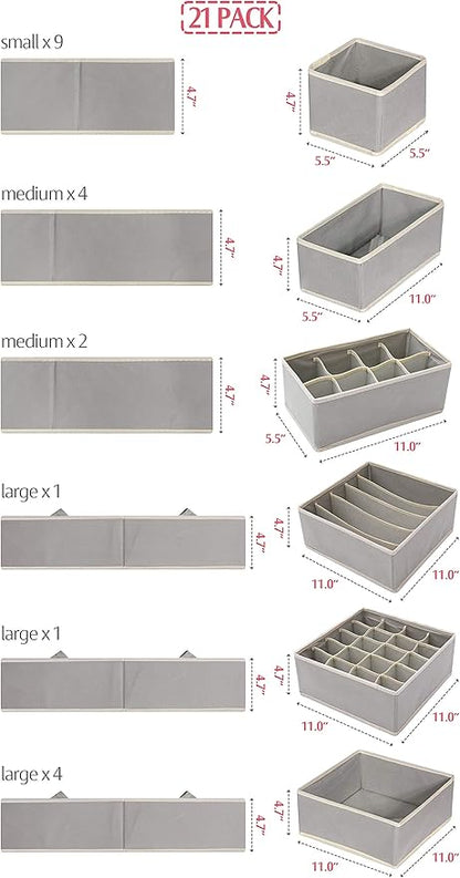 DIOMMELL Set of 21 Foldable Cloth Storage Box Closet Dresser Drawer Organizer Fabric Baskets Bins Containers Divider for Baby Clothes Underwear Bras Socks Lingerie Clothing,Grey 11-4249