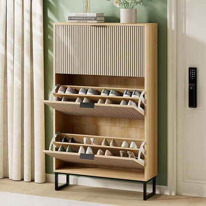 Shoe Cabinet Storage with 3 Flip Drawers, Shoe Organizer Cabinet for Entryway Slim, Modern Freestanding Hidden Shoe Rack Organizer Shoe Cupboard for Hallway, Natural Wood