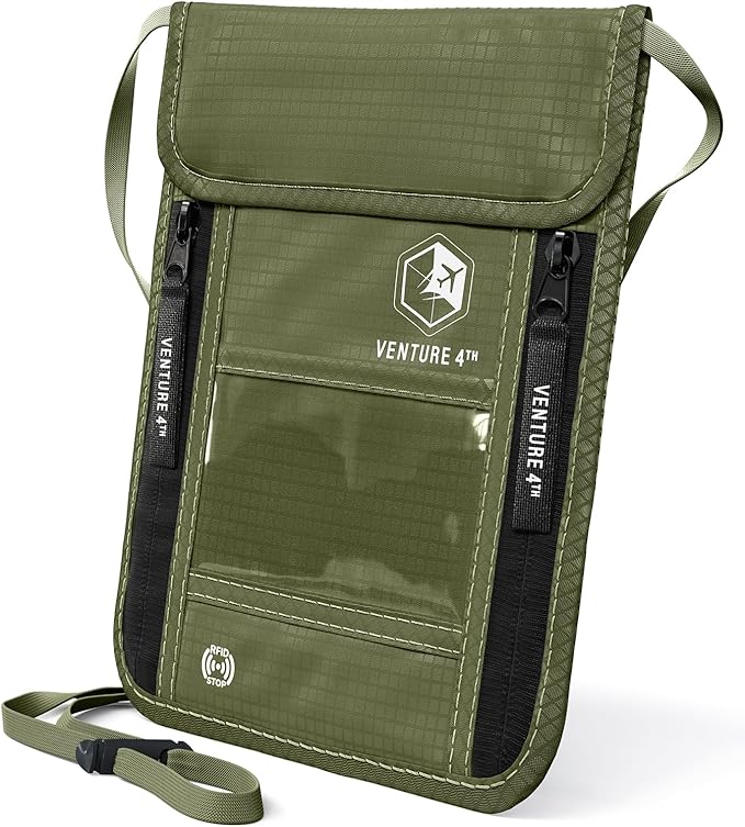 VENTURE 4TH Neck Wallet, RFID Blocking Passport Holder for Travel – Hidden Neck Pouch with 6 Compartments, Slim Lightweight Organizer with Adjustable Strap for Cash, Cards & Passport (Green)