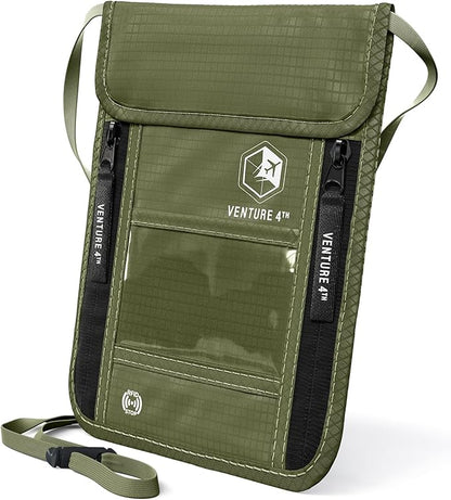 VENTURE 4TH Neck Wallet, RFID Blocking Passport Holder for Travel – Hidden Neck Pouch with 6 Compartments, Slim Lightweight Organizer with Adjustable Strap for Cash, Cards & Passport (Green)