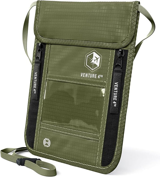 VENTURE 4TH Neck Wallet, RFID Blocking Passport Holder for Travel – Hidden Neck Pouch with 6 Compartments, Slim Lightweight Organizer with Adjustable Strap for Cash, Cards & Passport (Green)