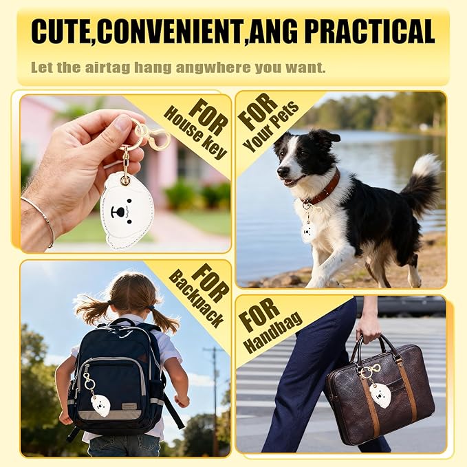 Leather Keychain for Airtag, Cute Protective Keychain Holder Compatible with Apple Air Tag,GPS Item Tracker Case Cover for Keys,Bags,Pets,Luggage(Dog)
