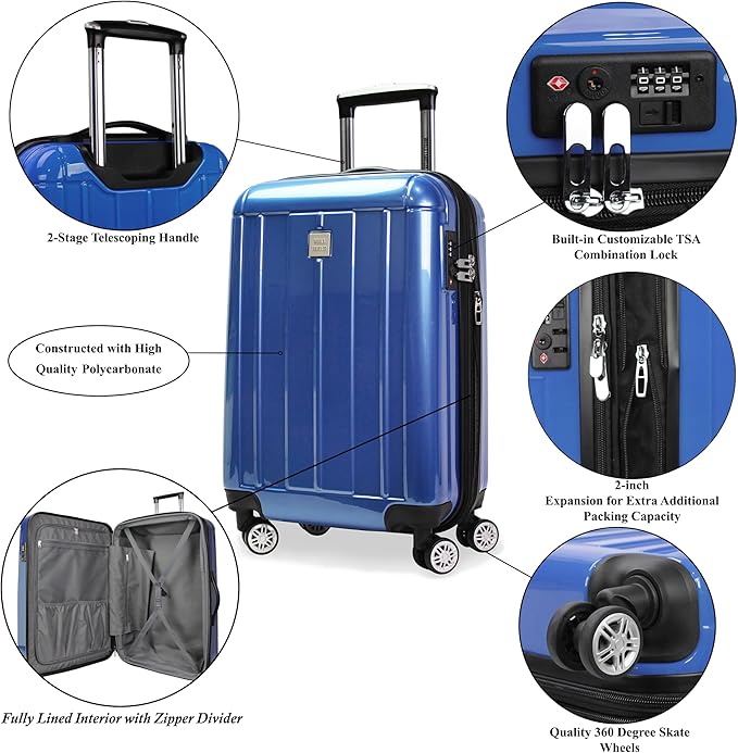 World Traveler Contour 28-Inch Polycarbonate Hardside Expandable Spinner Checked Luggage with TSA Lock - Blue