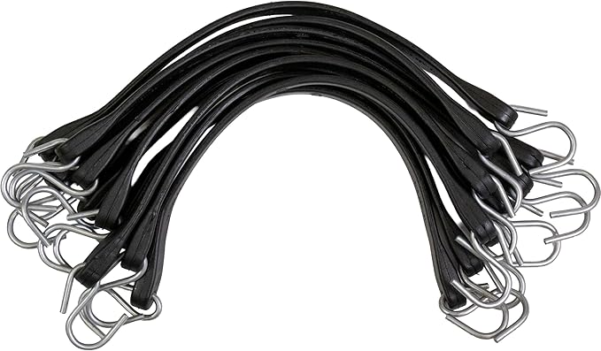 US Cargo Control 15 Inch Rubber Bungee Cords with S-Hooks (10-Pack), 23 Inch Stretch, Rubber Tarp Straps with Hooks for Flatbed Tarps, Trailers, Pickup Trucks, Tarps, Motorcycles, Canopies