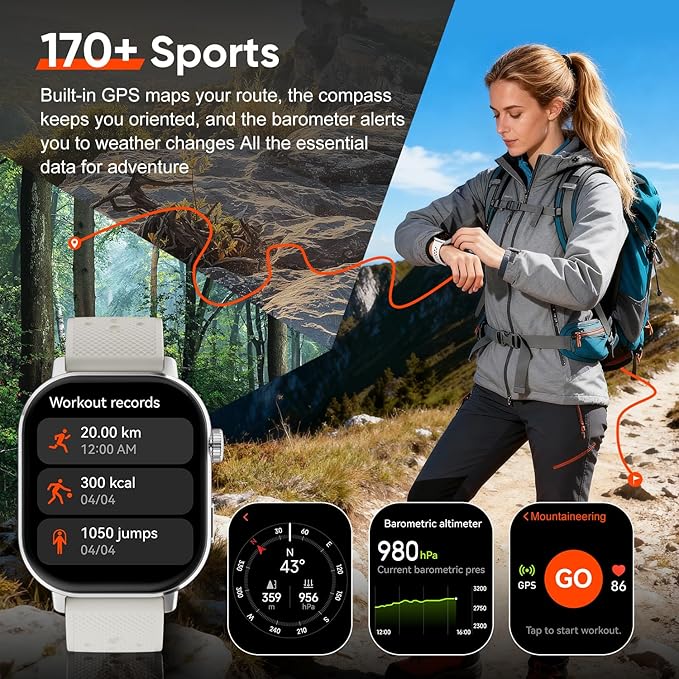 Fitness Tracker Smartwatch for Women & Men, Built-in GPS, 2.06" AMOLED for Calls, Heart Rate Blood Oxygen Sleep Monitor, 170+ Sport Modes, Waterproof with 2 Bands (Silver)