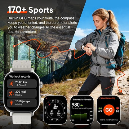 Fitness Tracker Smartwatch for Women & Men, Built-in GPS, 2.06" AMOLED for Calls, Heart Rate Blood Oxygen Sleep Monitor, 170+ Sport Modes, Waterproof with 2 Bands (Silver)