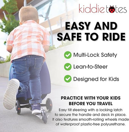 KIDDIETOTES 3-D Hardshell Luggage Scooter for Kids - Lightweight Rideable Luggage for kids - Fits in Overhead Bins - LED Light Up Wheels
