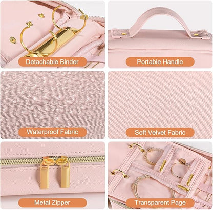 Travel Jewelry Case Organizer for Women, Jewelry Storage Book with Small Pouch, Travel Jewelry Bag Case for Traveling Necklace, Earrings, Rings, Bracelet Organizer (Pink)