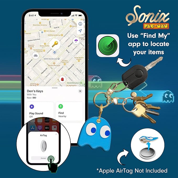 Sonix Keychain Case Compatible with Apple AirTag | Protective AirTag Cover Keychain Charm | Pac-Man Classic - Inky