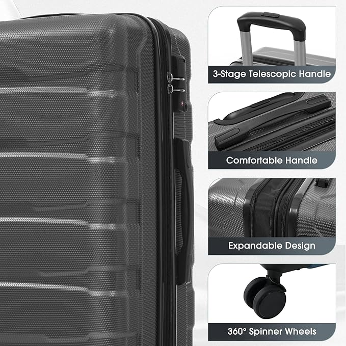 Hardshell Checked Luggage with Spinner Wheels, Expandable ABS Suitcase with TSA Lock, Travel Luggage with Telescopic Handle (Gray, 28 Inch)