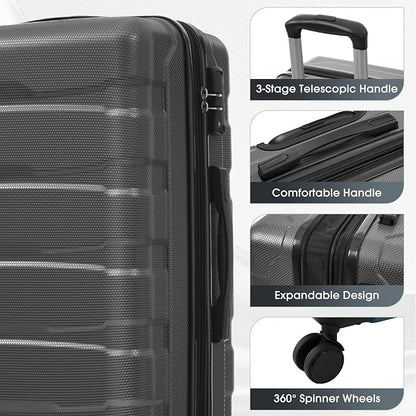 Hardshell Checked Luggage with Spinner Wheels, Expandable ABS Suitcase with TSA Lock, Travel Luggage with Telescopic Handle (Gray, 24 Inch)