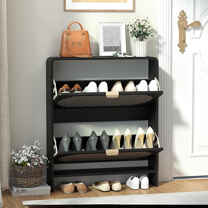 Wood Shoe Storage Cabinet with 2 Flip Drawer, Mid-Century Modern Shoe Cabinet Arched Fluted Pattern, Hidden Narrow Curved Corner Shoe Organizer for Entryway, Living Room (Black, No-Divider)