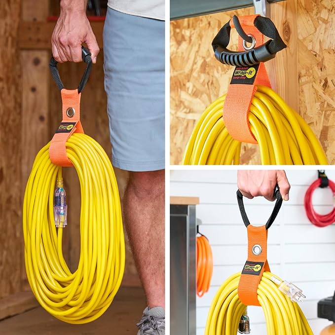 Easy-Carry Wrap-It Storage Straps - 17” (2-Pack) Blaze Orange with Grommet - Extension Cord Hanger Carrying Straps for RV Accessories
