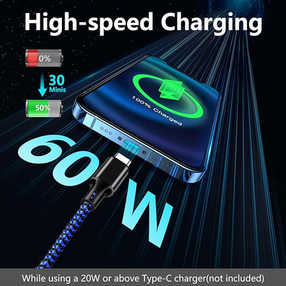 cugunu USB C to USB C Charger Cable, 3Pack 60W 10FT Type C Fast Charging Cord Compatible for iPhone 15/16/17/Pro/Max/Plus, iPad, MacBook-BlackBlue