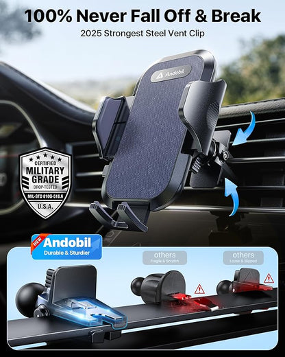 andobil Car Phone Holder, 2025 Military-Grade 89lbs Strongest Suction Phone Holders for Your Car Dashboard/Windshield/Vent Easy Clamp Cellphone Holder Truck Stand for iPhone 17 16 15 Pro Max, Blue