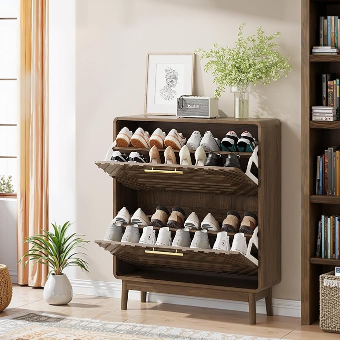 Vibe & Dine Modern Shoe Cabinet with 2 Flip Drawers, Shoe Storage Organizer for Entryway Slim, Freestanding Wood Shoe Rack Cabinet for Hallway, Bedroom, Living Room, Black Walnut