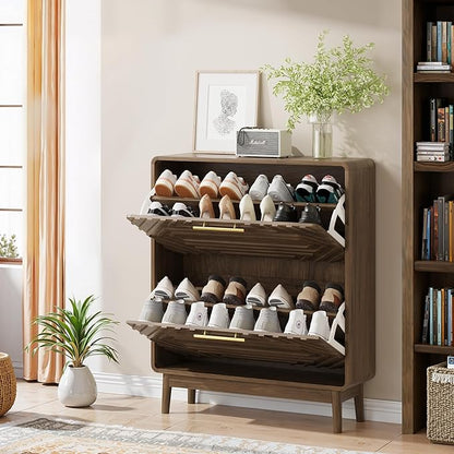 Vibe & Dine Modern Shoe Cabinet with 2 Flip Drawers, Shoe Storage Organizer for Entryway Slim, Freestanding Wood Shoe Rack Cabinet for Hallway, Bedroom, Living Room, Black Walnut