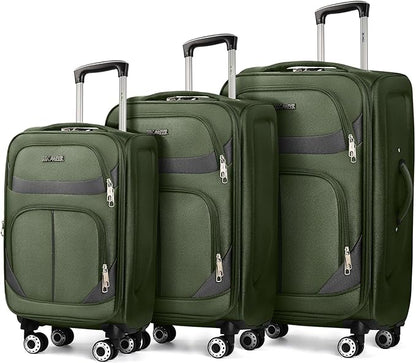 3-Piece Softside Expandable Luggage Set with Front Open Pocket,Lightweight Durable Suitcase Sets Double Spinner Wheels & w/LOCK（Green-Grey,20in/24in/28in）