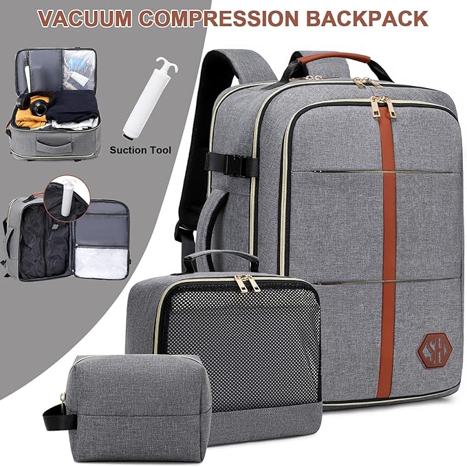 40L Travel Laptop Backpack for Women & Men, Airline Approved Carry On Luggage Overnight Bags, Waterproof Personal Item Bag, Weekender Essentials Backpacks Vacuum Backpack Gray