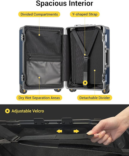 LEVEL8 Carry On Luggage Airline Approved Zipperless with Aluminum Frame, Hard Case Luggage with Spinner Wheels, Metal Travel Suitcase with Packing Organizers, 20 Inch, Blue