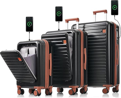 Luggage Sets 3 Piece, Hardside Suitcase with Front Pocket Cup Holder and TSA Lock