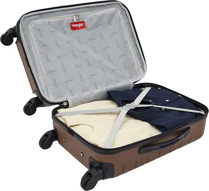 Wrangler Smart Luggage Set with Cup Holder and USB Port, Toffee, 20-Inch Carry-On