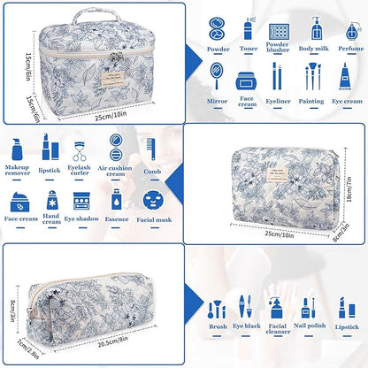 Makeup Bag Set, Quilted Floral Cosmetic Bags for Women, Cute Cotton Makeup Organizer, Travel Toiletry Bag Set (Navy Blue)