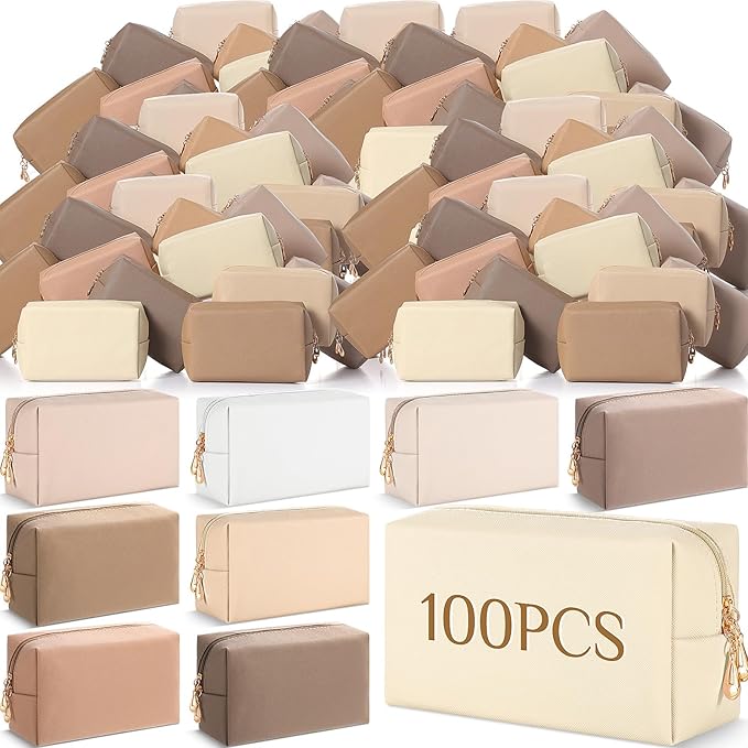 Cunno 100 Pcs Makeup Bags Bulk PU Leather Cosmetic Pouch Christmas Small Pouch Bag DIY Toiletry Bags Preppy Aesthetic Travel Storage Organizer for Women Travel Christmas Party Gift(Neutral)