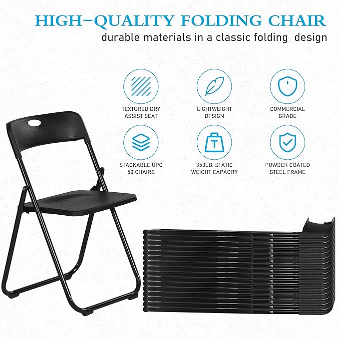 50 Pack Black Plastic Folding Chairs, Indoor Outdoor Portable Stackable Commercial Seats with Steel Frame for Home Office Wedding Party Events Kitchen Dining, 350lb Capacity