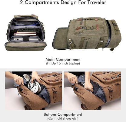 WITZMAN Travel Backpack for Men Women Canvas Backpack Carry on Luggage Rucksack Convertible Duffel Bag Large (A568 Army Green)
