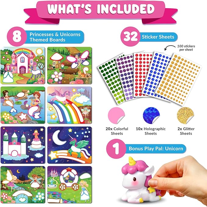 Dot Art Activity - Unicorn & Princess Sticker Kit, Toddler Art & Craft Supplies for Kids, Birthday Gifts for Boys & Girls Ages 3, 4, 5, 6, 7 Year Old - Kids Travel Toys, Airplane Must Have