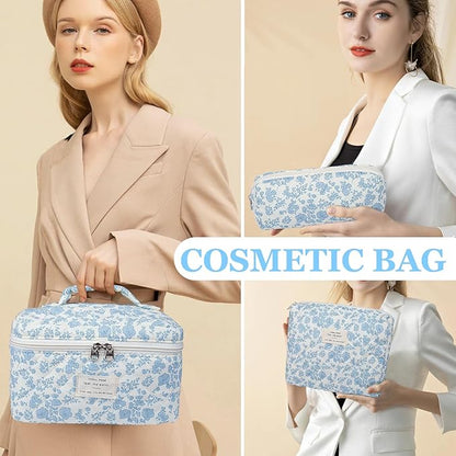 Makeup Bag Set, Quilted Makeup Bag, Large Floral Cosmetic Bag for Women, Cute Cotton Makeup Bags, Flower Travel Toiletry Organizer Bag (South Twigs Flower)