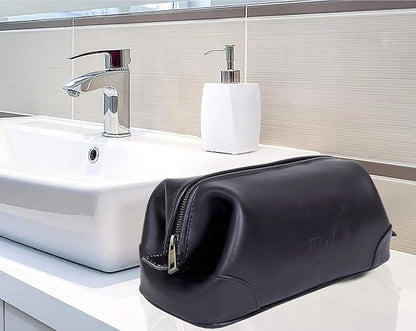HLC Leather Toiletry Bag for Men Best Gift Premium Genuine Dopp Kit Shaving Kit Organizer Travel Kit Pouch Bag 10 inch Size (Black)