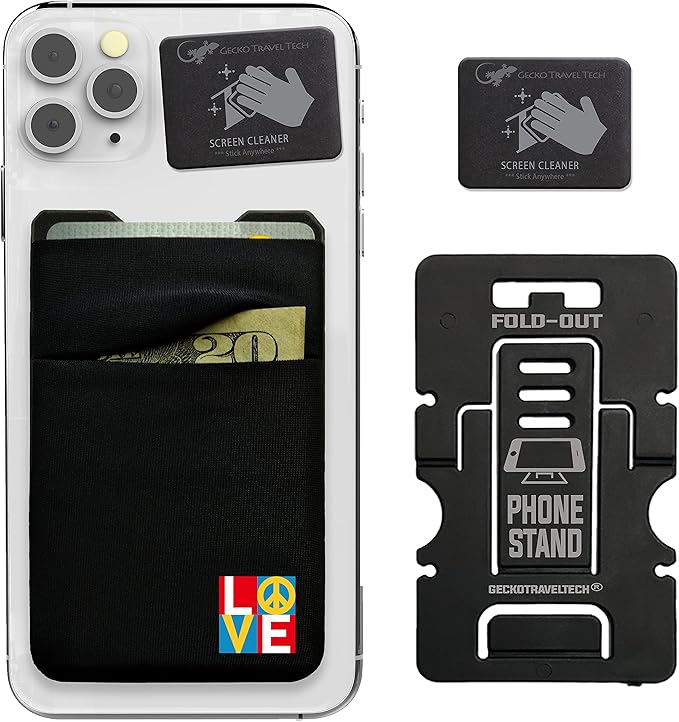Gecko Travel Tech Double Pocket - Adhesive Card Holder - Cell Phone Pouch - Stick on Spandex Pocket - Carry Credit Cards and Cash (PEACE LOVE)
