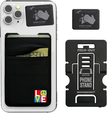 Gecko Travel Tech Double Pocket - Adhesive Card Holder - Cell Phone Pouch - Stick on Spandex Pocket - Carry Credit Cards and Cash (PEACE LOVE)